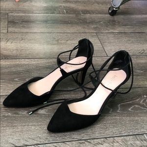 Black lace up suede pumps